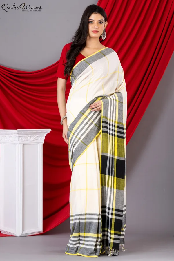 Handloom_White_&_Yellow_Check_Premium_Mulmul_Khadi_Cotton_Saree