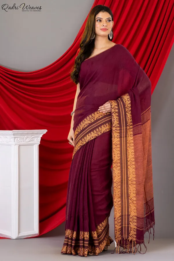 Handloom_Wine_Pure_Linen_Saree