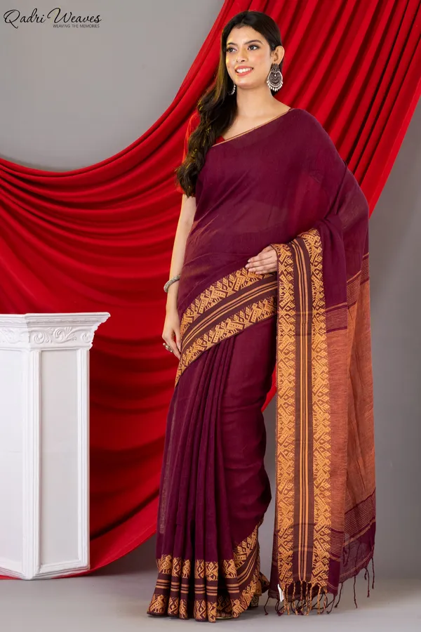 Handloom_Wine_Pure_Linen_Saree