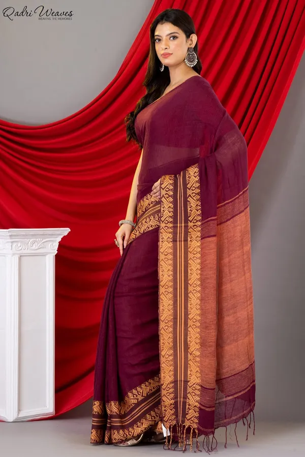 Handloom_Wine_Pure_Linen_Saree