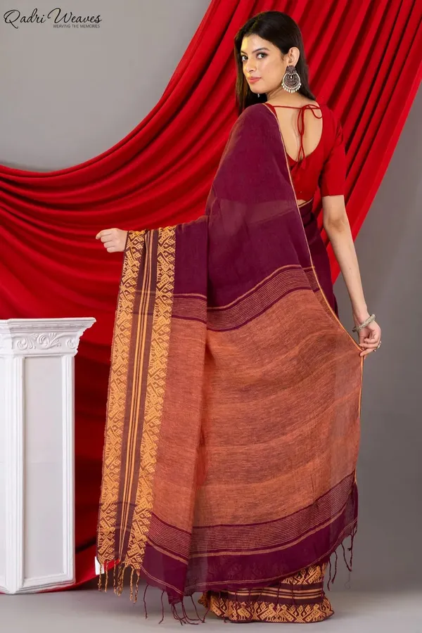 Handloom_Wine_Pure_Linen_Saree