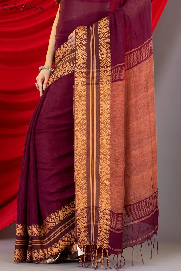 Handloom_Wine_Pure_Linen_Saree