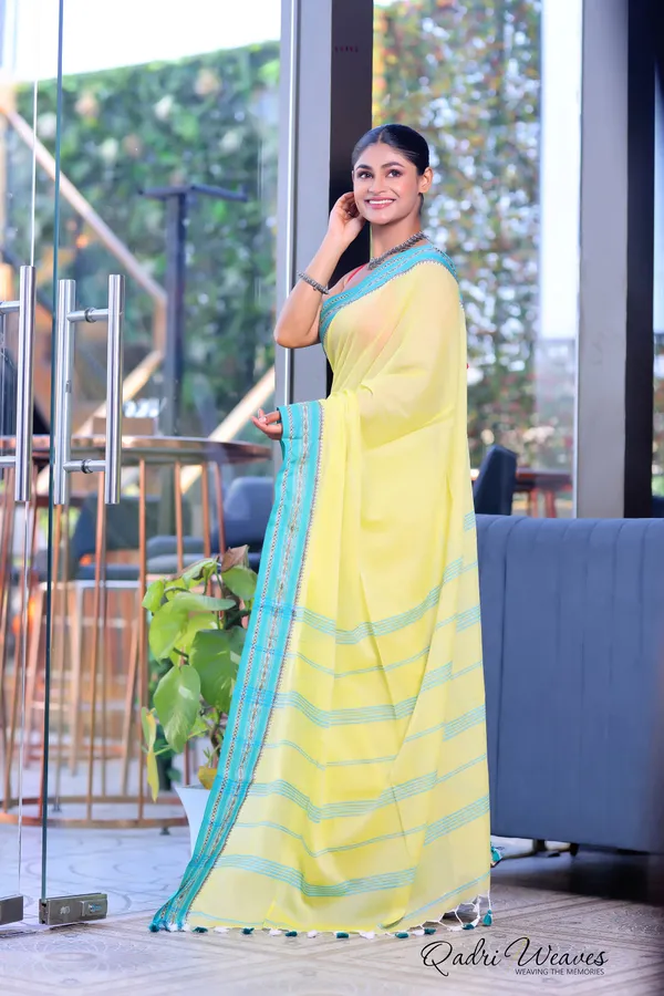Handloom_Yellow_Pure_Cotton_Striped_With_Border_Work_Saree_With_Blouse