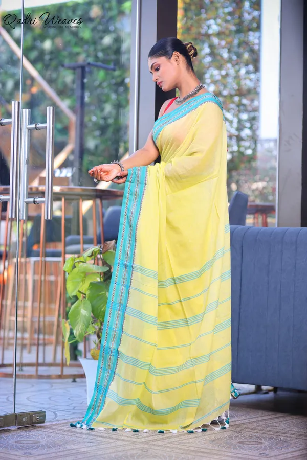 Handloom_Yellow_Pure_Cotton_Striped_With_Border_Work_Saree_With_Blouse