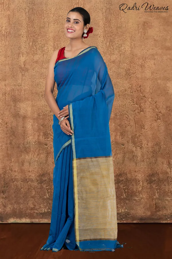 Lapis_Blue_&_Golden_Ghicha_Silk_Saree_With_Blouse
