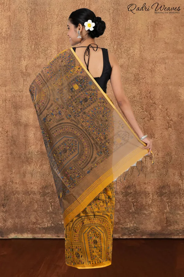 Mustard_Madhubani_Print_Cotton_Silk_Saree_With_Blouse