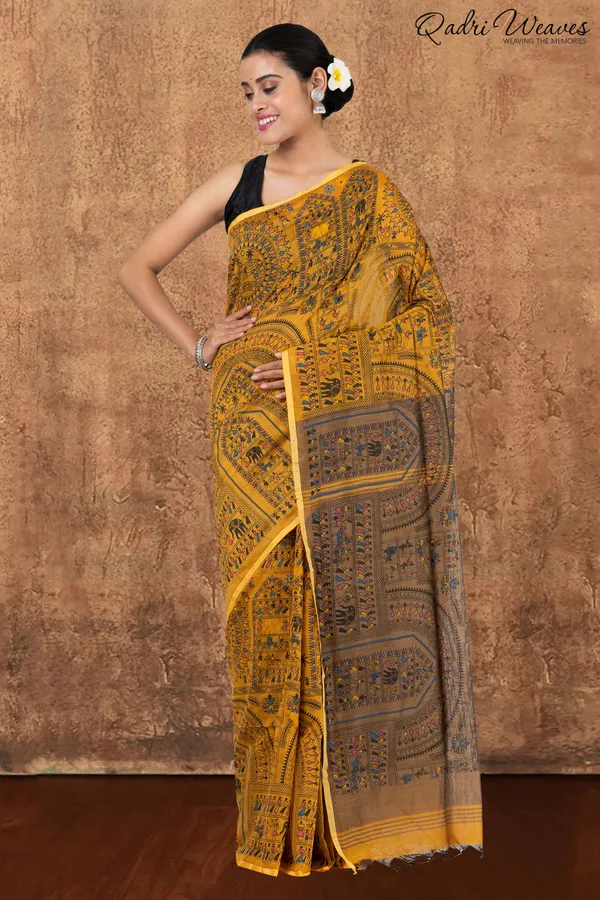 Mustard_Madhubani_Print_Cotton_Silk_Saree_With_Blouse