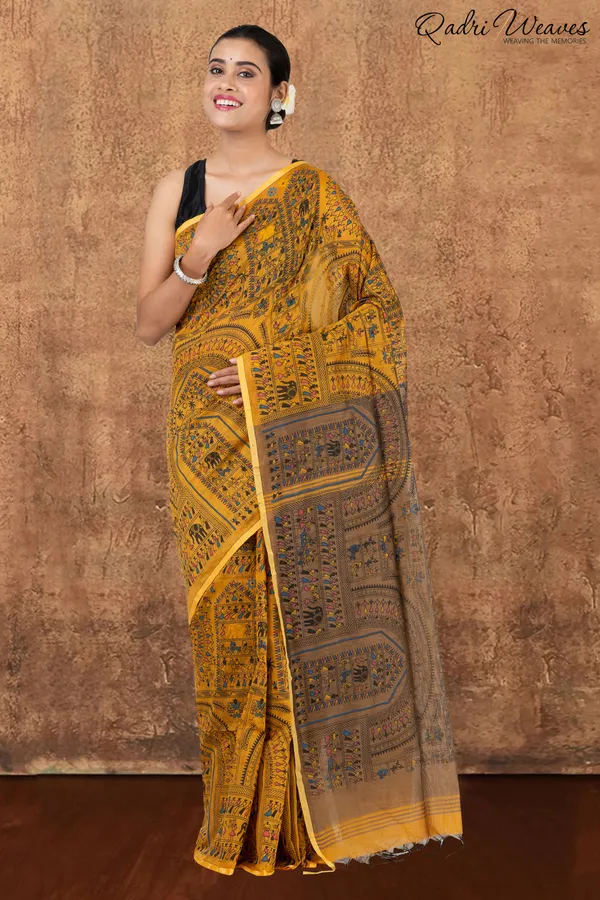 Mustard_Madhubani_Print_Cotton_Silk_Saree_With_Blouse