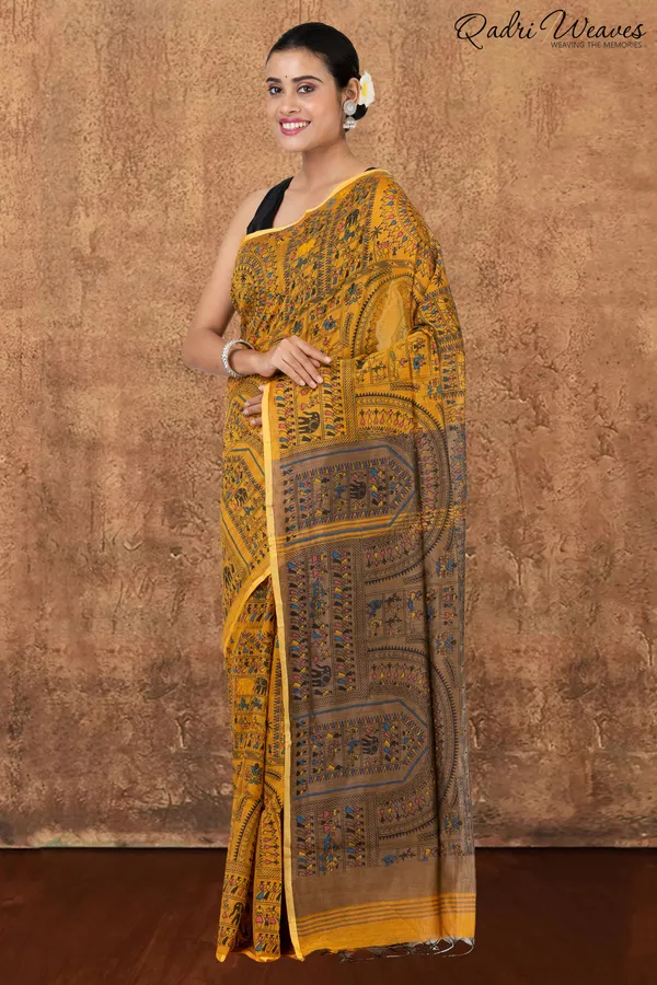 Mustard_Madhubani_Print_Cotton_Silk_Saree_With_Blouse