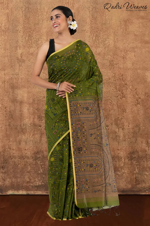 Olive_Green_Madhubani_Print_Cotton_Silk_Saree_With_Blouse