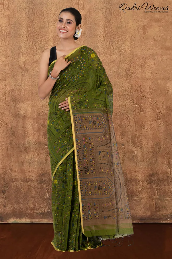 Olive_Green_Madhubani_Print_Cotton_Silk_Saree_With_Blouse