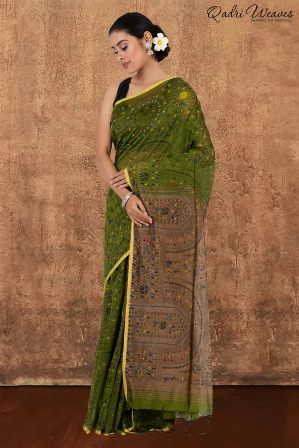 Olive_Green_Madhubani_Print_Cotton_Silk_Saree_With_Blouse
