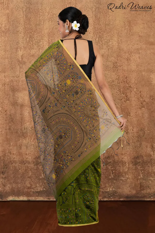 Olive_Green_Madhubani_Print_Cotton_Silk_Saree_With_Blouse