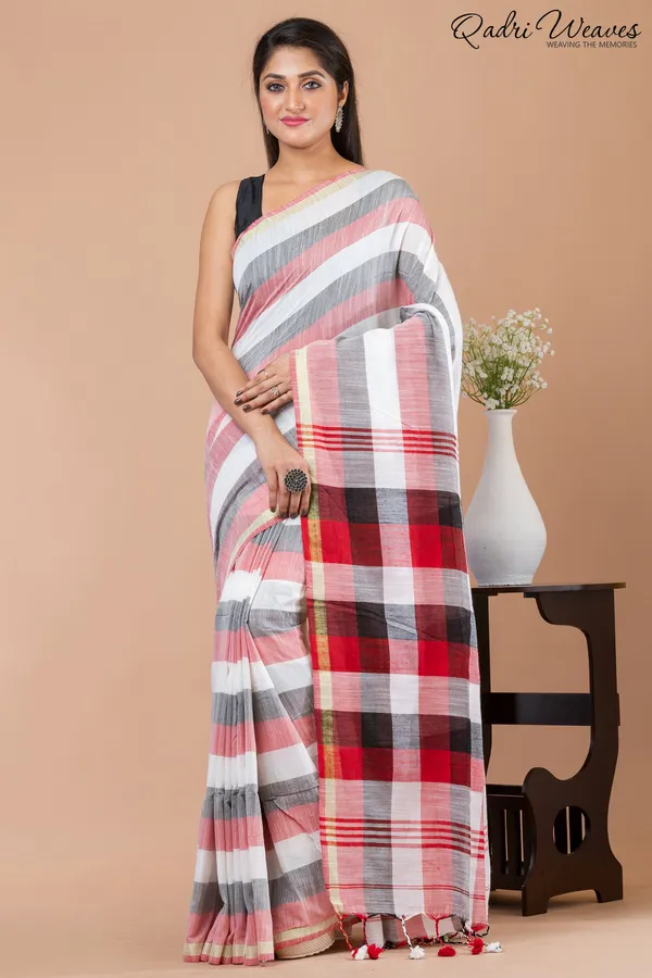 Pink_&_Grey_Striped_Checkered_Pure_Cotton_Saree
