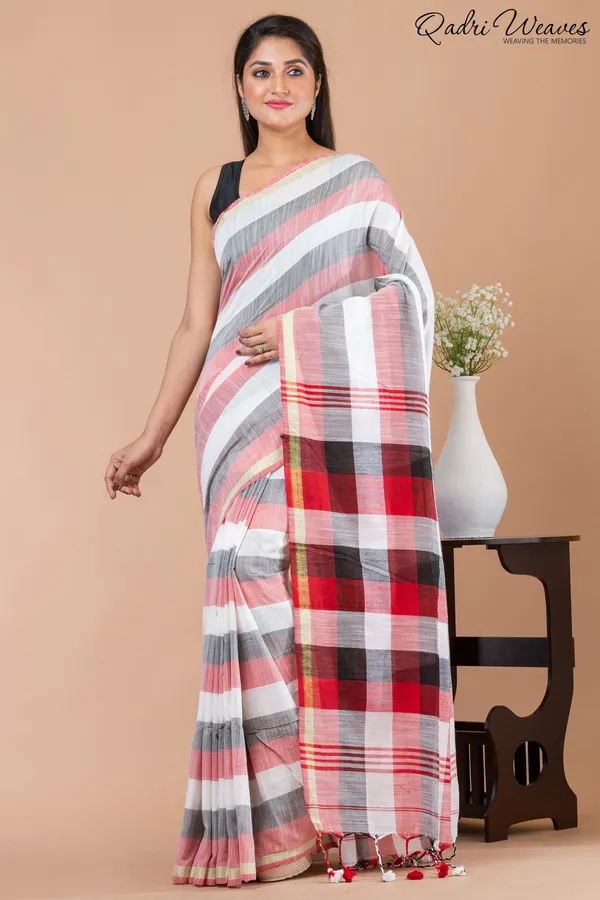 Pink_&_Grey_Striped_Checkered_Pure_Cotton_Saree