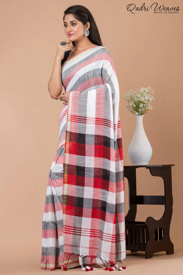 Pink_&_Grey_Striped_Checkered_Pure_Cotton_Saree
