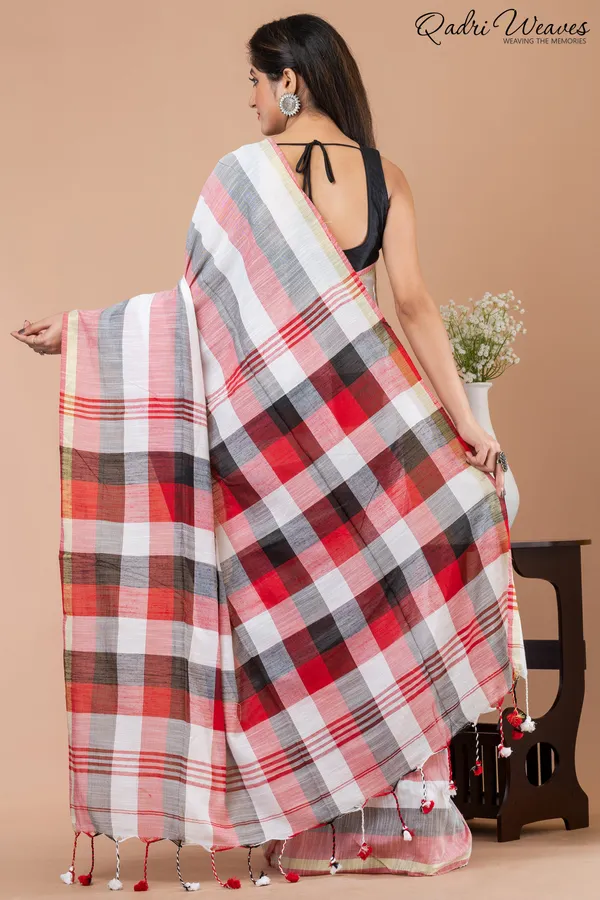 Pink_&_Grey_Striped_Checkered_Pure_Cotton_Saree