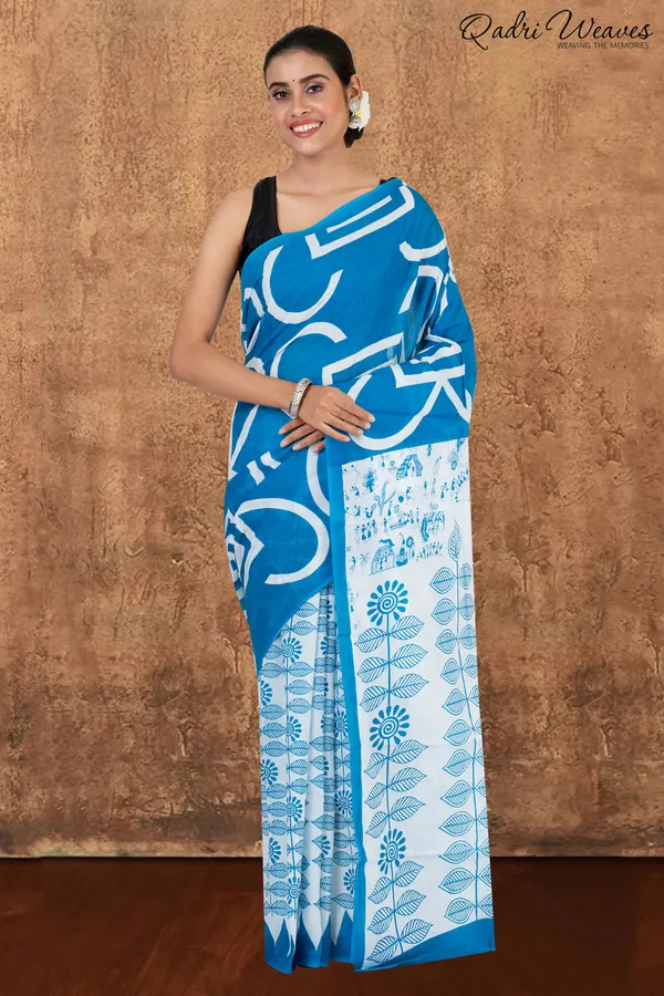Printed_Blue_Ancient_Civilizations_&_Flower_Design_Pure_Mulmul_Saree_With_Blouse