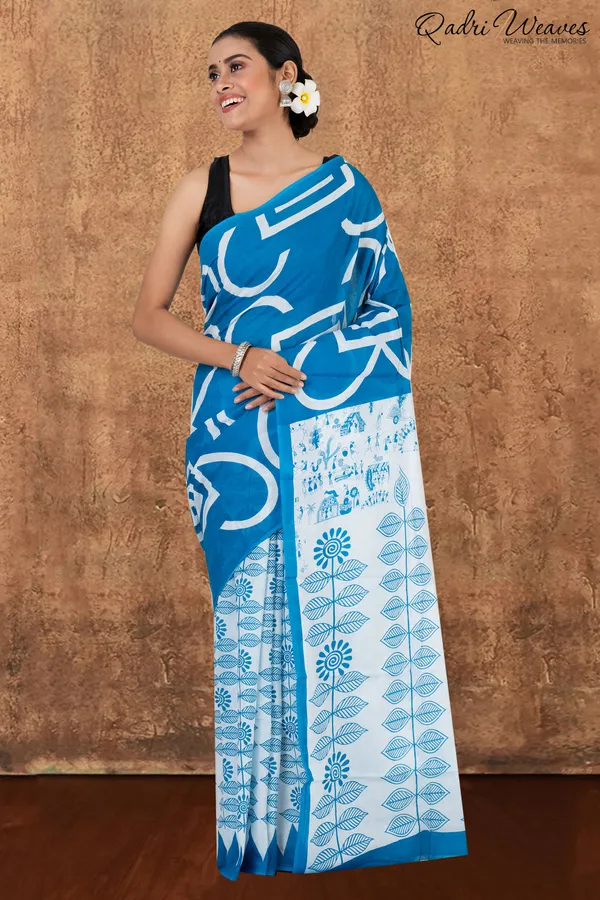 Printed_Blue_Ancient_Civilizations_&_Flower_Design_Pure_Mulmul_Saree_With_Blouse