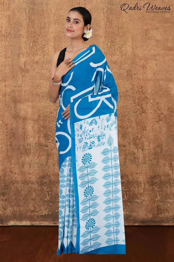 Printed_Blue_Ancient_Civilizations_&_Flower_Design_Pure_Mulmul_Saree_With_Blouse