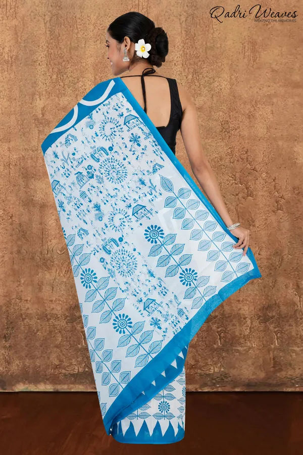 Printed_Blue_Ancient_Civilizations_&_Flower_Design_Pure_Mulmul_Saree_With_Blouse