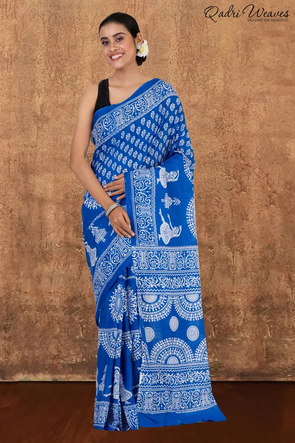 Printed_Blue_Classical_Dance_Design_Pure_Mulmul_Saree