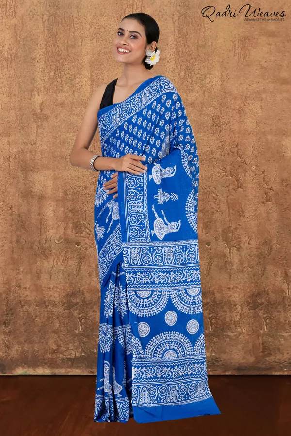 Printed_Blue_Classical_Dance_Design_Pure_Mulmul_Saree