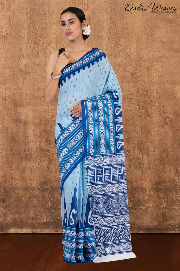 Printed_Blue_Ikat_Design_Pure_Mulmul_Saree_With_Blouse