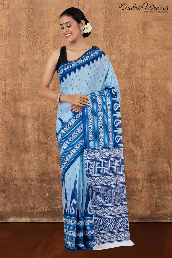 Printed_Blue_Ikat_Design_Pure_Mulmul_Saree_With_Blouse