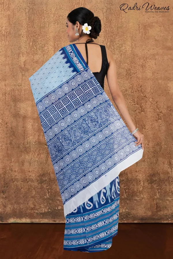 Printed_Blue_Ikat_Design_Pure_Mulmul_Saree_With_Blouse
