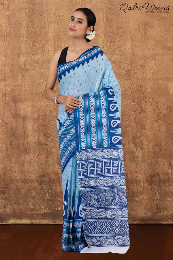 Printed_Blue_Ikat_Design_Pure_Mulmul_Saree_With_Blouse