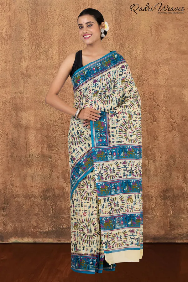 Printed_Blue_&_Ivory_Ancient_Civilizations_Design_Pure_Mulmul_Saree_With_Blouse