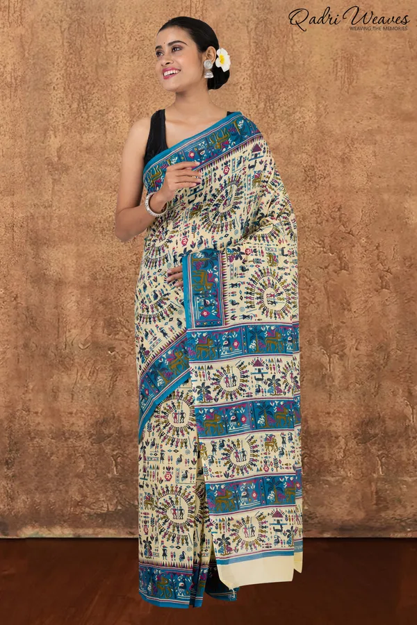 Printed_Blue_&_Ivory_Ancient_Civilizations_Design_Pure_Mulmul_Saree_With_Blouse