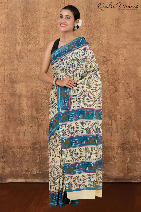 Printed_Blue_&_Ivory_Ancient_Civilizations_Design_Pure_Mulmul_Saree_With_Blouse