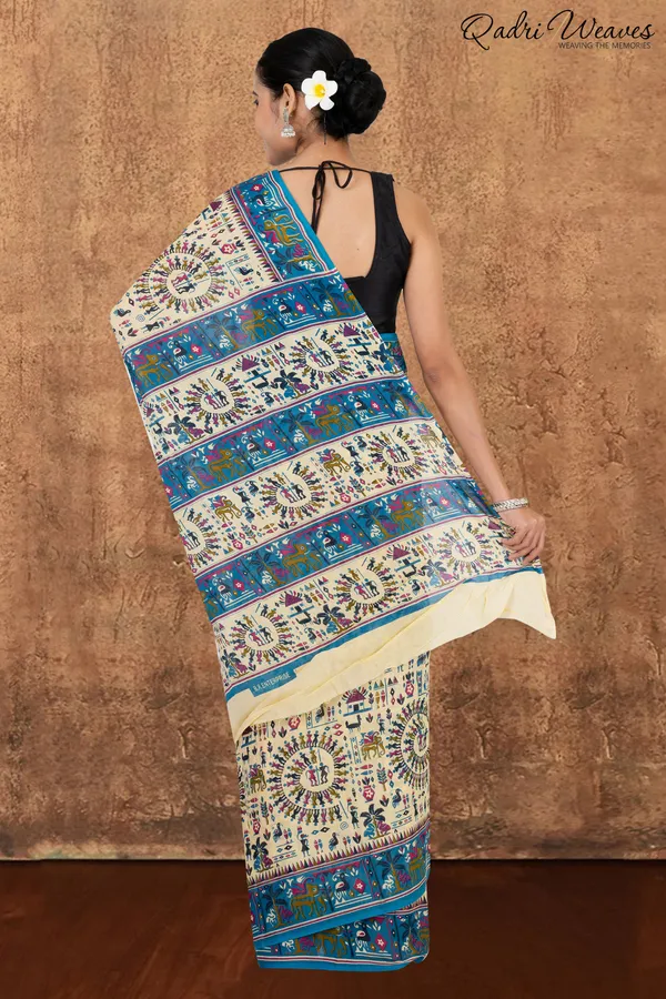 Printed_Blue_&_Ivory_Ancient_Civilizations_Design_Pure_Mulmul_Saree_With_Blouse