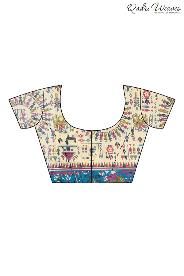 Printed_Blue_&_Ivory_Ancient_Civilizations_Design_Pure_Mulmul_Saree_With_Blouse