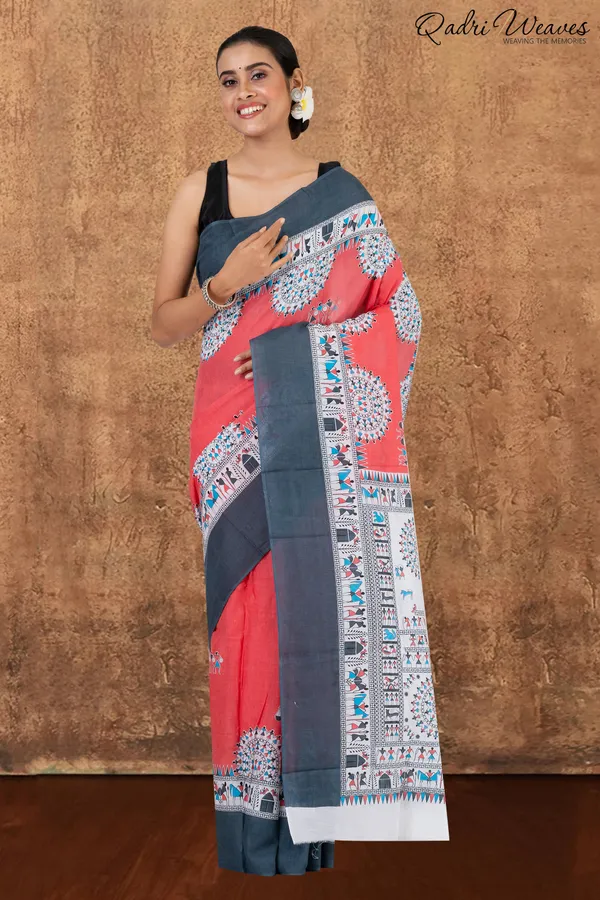 Printed_Brick-Red_&_Grey_Pure_Mulmul_Cotton_Saree