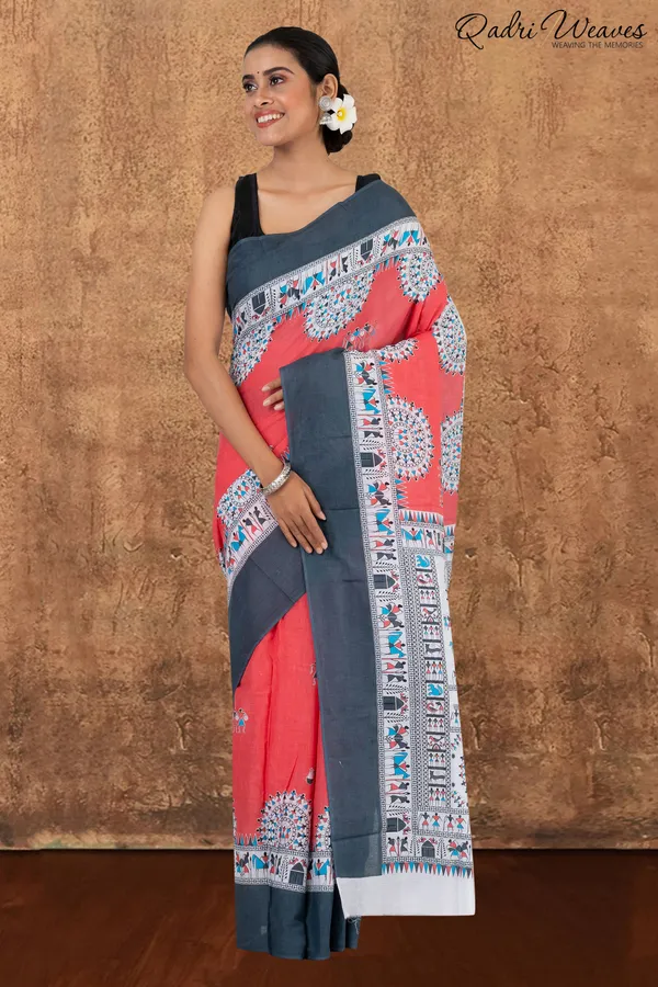 Printed_Brick-Red_&_Grey_Pure_Mulmul_Cotton_Saree