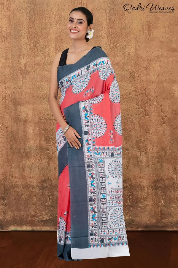 Printed_Brick-Red_&_Grey_Pure_Mulmul_Cotton_Saree