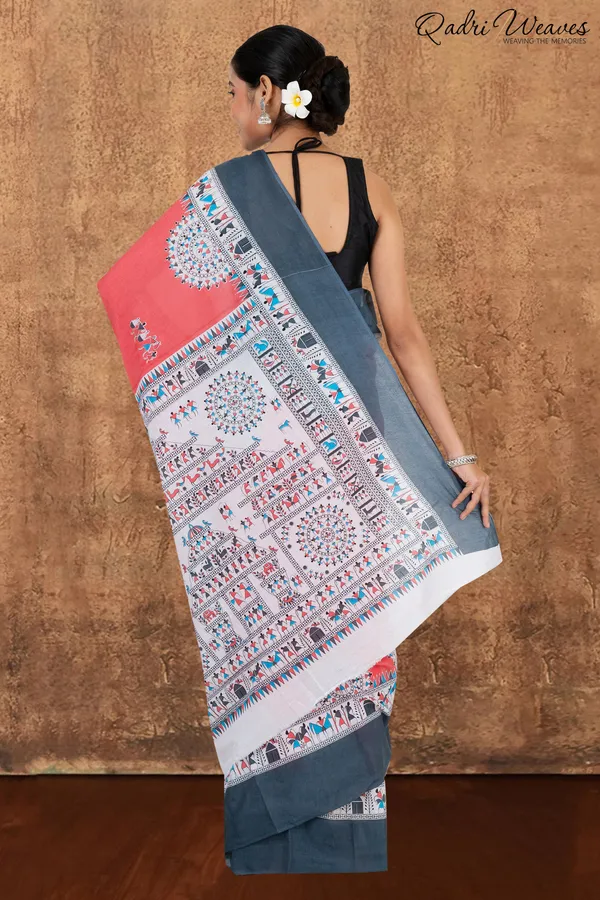 Printed_Brick-Red_&_Grey_Pure_Mulmul_Cotton_Saree