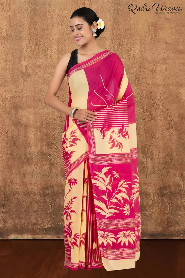 Printed_Bright_Pink_Leaf_&_Flower_Design_Pure_Mulmul_Saree_With_Blouse