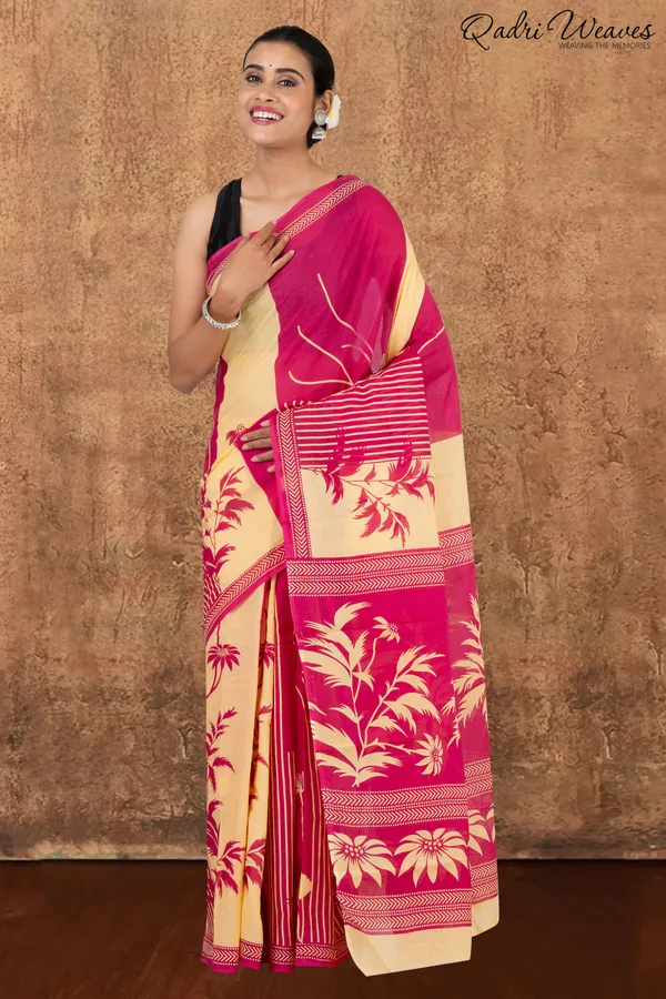 Printed_Bright_Pink_Leaf_&_Flower_Design_Pure_Mulmul_Saree_With_Blouse