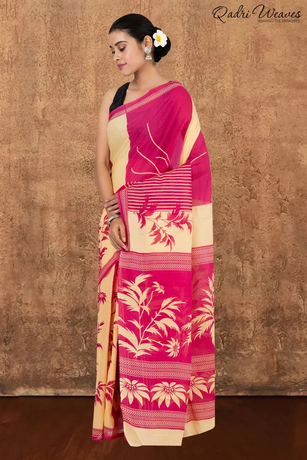 Printed_Bright_Pink_Leaf_&_Flower_Design_Pure_Mulmul_Saree_With_Blouse