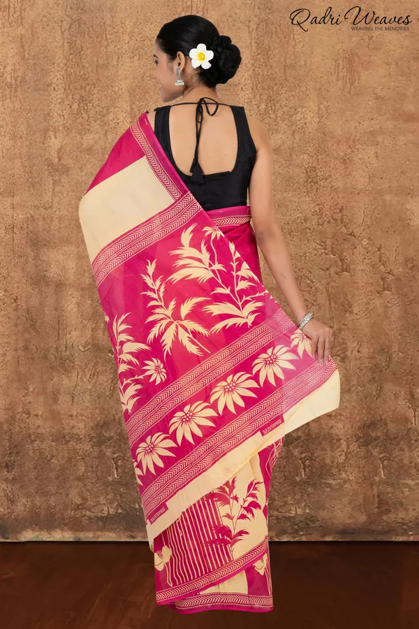 Printed_Bright_Pink_Leaf_&_Flower_Design_Pure_Mulmul_Saree_With_Blouse