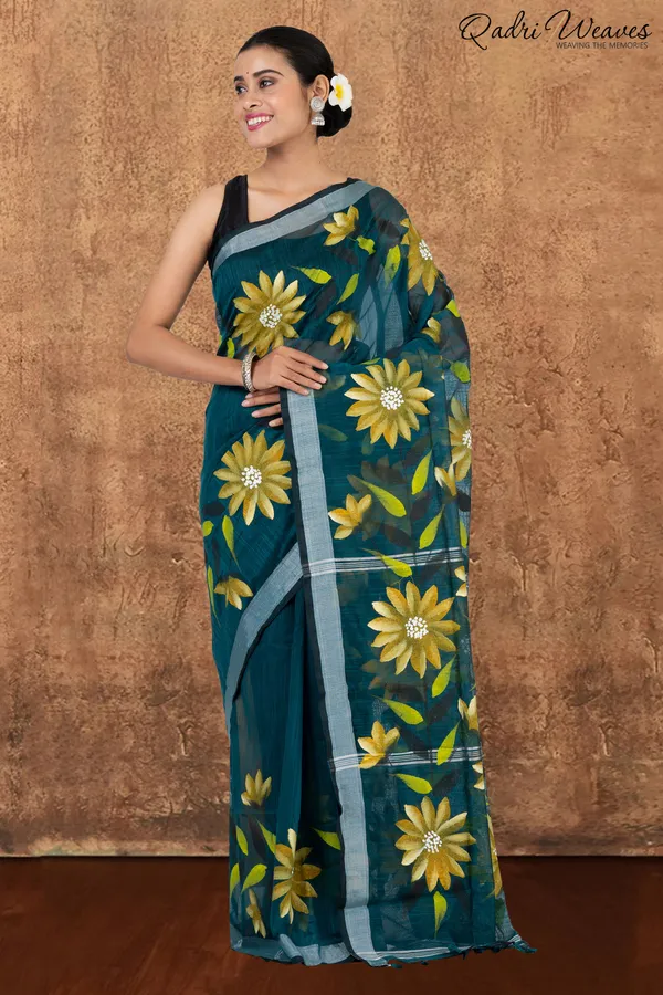 Printed_Dark_Green_Flower_Design_Cotton_Silk_Saree_With_Blouse
