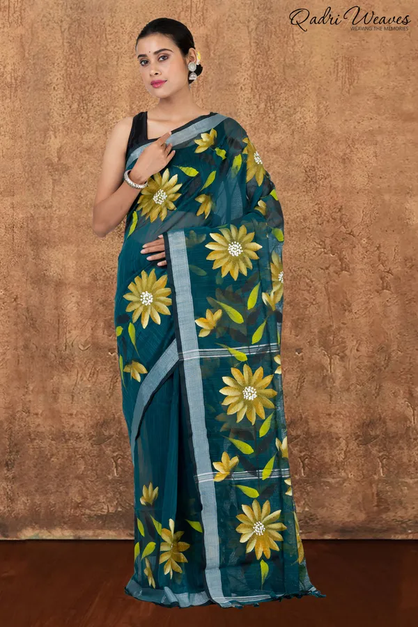 Printed_Dark_Green_Flower_Design_Cotton_Silk_Saree_With_Blouse