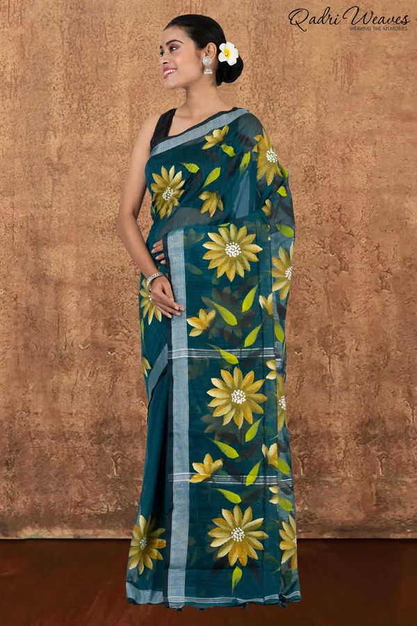 Printed_Dark_Green_Flower_Design_Cotton_Silk_Saree_With_Blouse