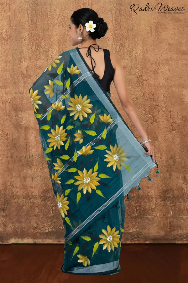 Printed_Dark_Green_Flower_Design_Cotton_Silk_Saree_With_Blouse
