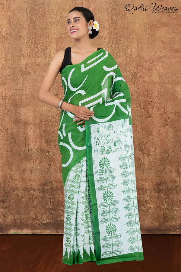 Printed_Forest_Green_Ancient_Civilizations_&_Flower_Design_Pure_Mulmul_Saree_With_Blouse