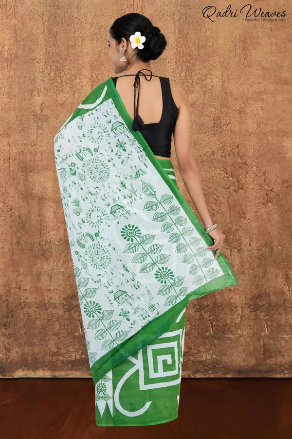 Printed_Forest_Green_Ancient_Civilizations_&_Flower_Design_Pure_Mulmul_Saree_With_Blouse